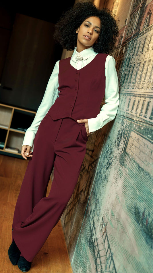 Burgundowa Marynarka / Kamizelka / Spodnie / Róża