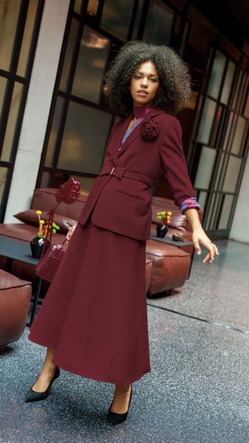 Burgundowa Marynarka / Spódnica / Apaszka / Pasek / Róża