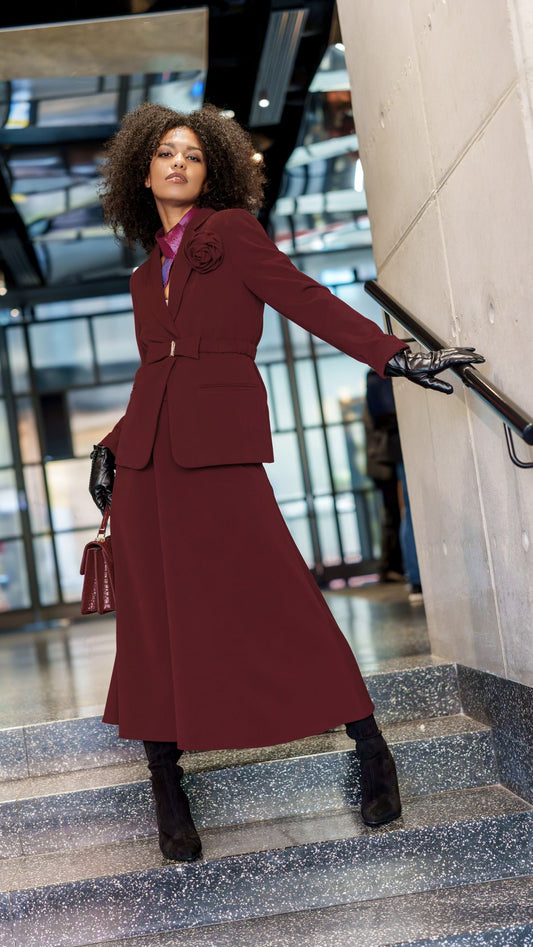 Burgundowa Marynarka / Spódnica / Apaszka / Pasek / Róża