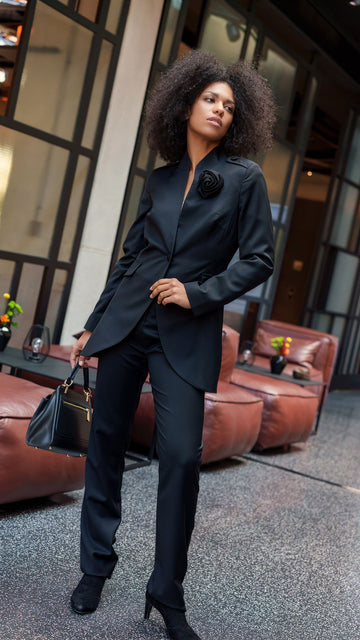 Czarny Wełniany Frak / Spodnie / Róża